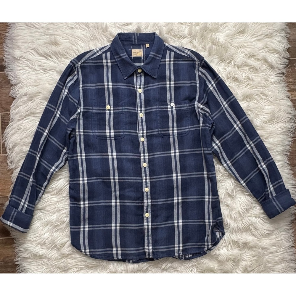 True Grit Plaid Cotton Long Sleeve Button Front Shirt Soft Casual‎ Large Blue
